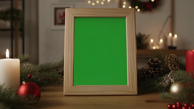 Green screen picture frame mockup with christmas decorations candles and festive holiday lights