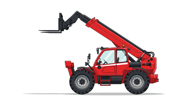 Side view illustration of a red telehandler forklift, a versatile piece of construction and agricultural heavy machinery, on a white background.