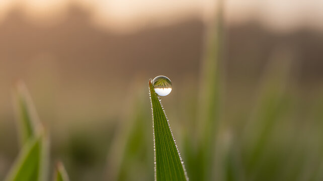 Close-up of a Water Drop on a Blade of Grass Reflecting the Landscape, Capturing the Beauty of Nature and the Delicate Balance of the