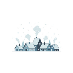 Minimalist Winter Village with Cabins and Snowfall – Flat Vector Illustration