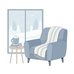 Cozy Reading Nook by Snowy Window – Minimal Flat Winter Vector Illustration