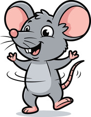 Adorable cartoon mouse character with big ears and a happy smile dancing with joy and excitement