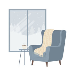 Cozy Reading Nook by Snowy Window – Minimal Flat Winter Vector Illustration
