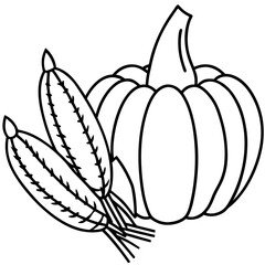 Pumpkin and corn stalks outline illustration