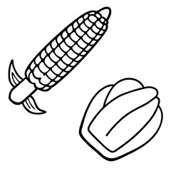 Simple black and white drawing of corn and a hot dog