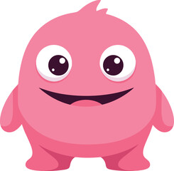 Adorable pink cartoon monster with big eyes and a wide smile standing on white background