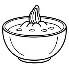Simple line art drawing of a bowl of soup with a garnish