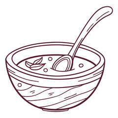 Simple line drawing of a bowl of soup with a spoon