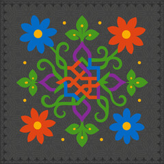 Traditional Tamil Kolam Rangoli Design with Intricate Floral Patterns and Colorful Geometric Details