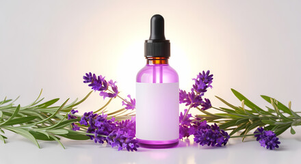 Elegant lavender essential oil bottle with blank label for branding, surrounded by fresh lavender sprigs, perfect for aromatherapy and natural skincare products