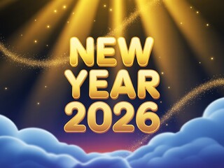 Golden new year 2026 text illuminated by dramatic golden rays amidst swirling stardust and fluffy clouds