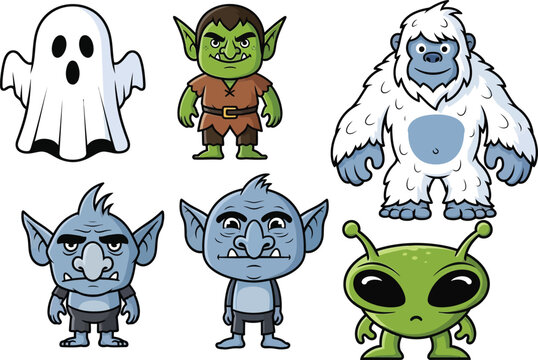 Collection of six cute cartoon monsters and mythical creatures including a ghost goblin yeti two trolls and an alien