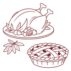 Thanksgiving dinner food illustration with turkey and pie