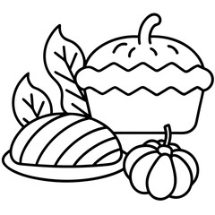 Thanksgiving pie pumpkin and leaves line art