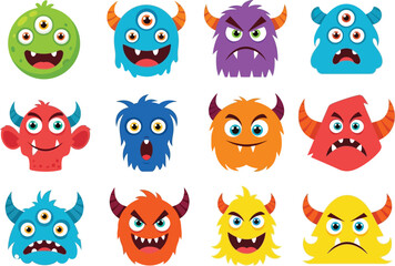 Collection of twelve colorful and cute cartoon monsters with various expressions and features isolated on a white background