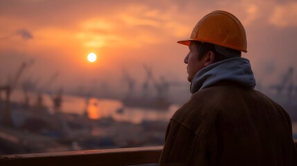 A construction worker in a hard hat observes the sunrise over a hazy industrial harbor