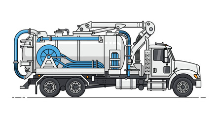 Detailed side view illustration of a modern vacuum truck, also known as a hydro excavator, used for industrial cleaning and excavation.
