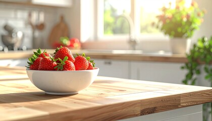 Fresh strawberries in kitchen bowl on wood.