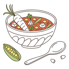Whimsical doodle of a hearty vegetable soup with spoon and peas