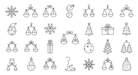 Collection of christmas and zodiac themed line art icons in black and white