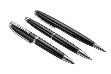 Three black ballpoint pens, angled, and lying atop one another.  Glossy, sleek, and contemporary design.  Silver accents on the caps and barrels