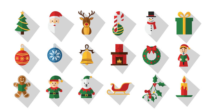 A collection of christmas themed icons including santa and reindeer etcetera