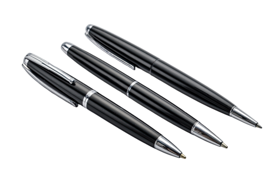 Three black ballpoint pens, angled, and lying atop one another.  Glossy, sleek, and contemporary design.  Silver accents on the caps and barrels