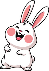 Adorable cartoon white bunny rabbit with pink cheeks and big grin standing upright and looking joyful