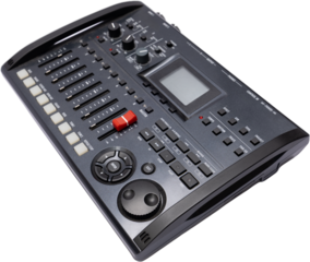 Angled top-view of drum machine with full control layout on transparent background. Concept of sound design workflow, stage gear detailing, electronic music setup.