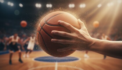 Close-up hand grips basketball in arena during intense game moment, symbol of focus and competition. Scene represents sports culture, teamwork energy and global athletic trend