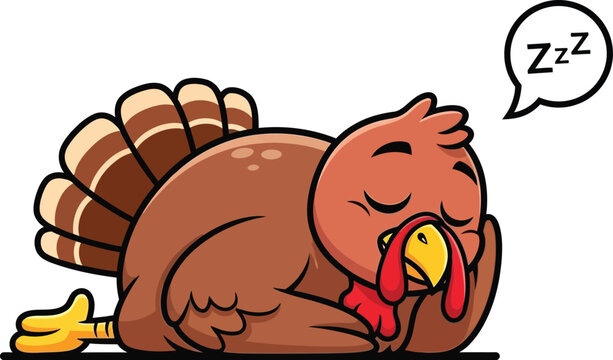 Adorable cartoon turkey character sleeping peacefully with zzzs in a speech bubble perfect for thanksgiving and autumn themes