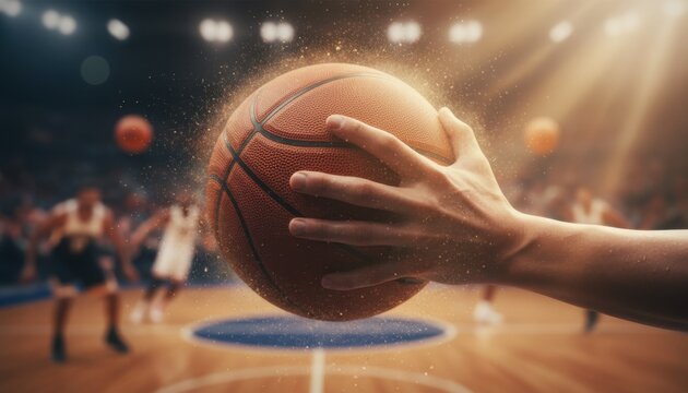 Close-up hand grips basketball in arena during intense game moment, symbol of focus and competition. Scene represents sports culture, teamwork energy and global athletic trend - Powered by Adobe