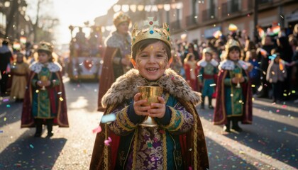 Smiling child in ornate costume holds golden cup during lively street parade with confetti. Scene fits epiphany festival, cultural celebration, joyful event and tradition theme