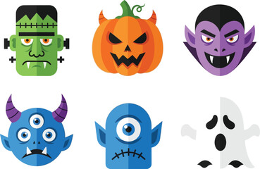 Six colorful and cute cartoon halloween characters including frankenstein pumpkin vampire and monsters isolated on white background