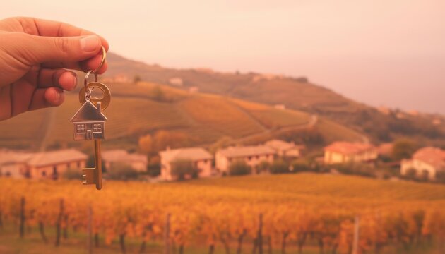 Image showing rural property ownership represented by a key over golden vineyards and countryside landscapes. It conveys trends in relocation toward peaceful agricultural regions - Powered by Adobe