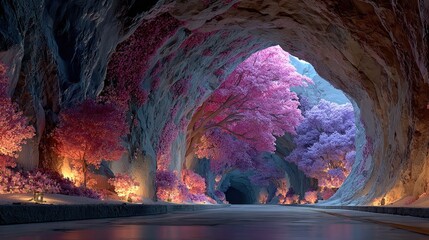 A road through a cave tunnel with blooming pink trees and soft lighting