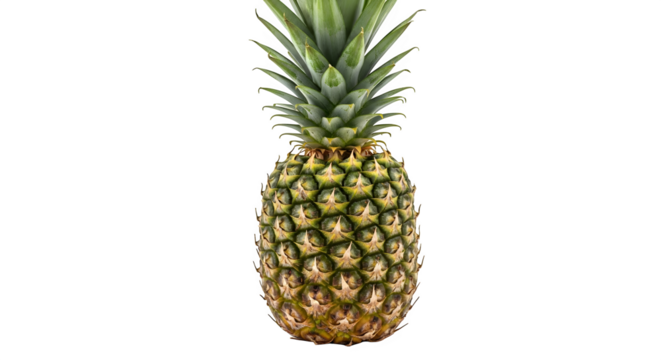 A whole ripe pineapple with green spiky leaves isolated on transparent background