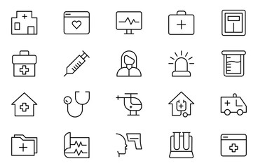 Medical web line icon set. Medicine and Health Care, RX. Medicine, check up, doctor, dentistry, pharmacy, lab, scientific discovery, collection.