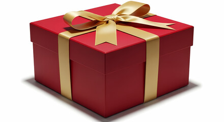 Obraz premium Classic red gift box tied with a gold ribbon, perfect for festive occasions and marketing campaigns, delivering joy and celebration to your designs