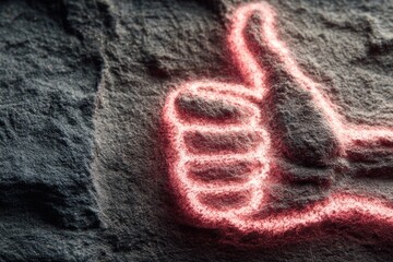 Thumbs up sign in neon pink, on textured surface