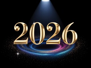 Golden 2026 numerals illuminated by spotlight above swirling cosmic nebula and glittering stardust on dark background