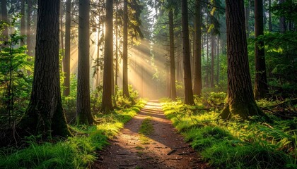 Forest trail with sun rays shining through.