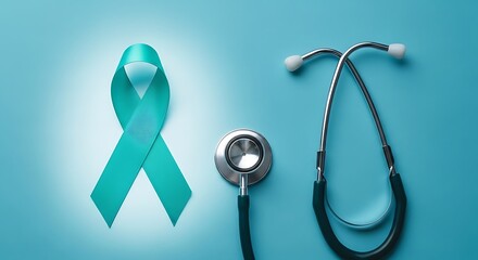 Teal ribbon and stethoscope representing ovarian cancer awareness isolated on white background