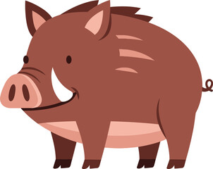 Cute cartoon illustration of a wild boar with tusks and bristly fur standing on a white background