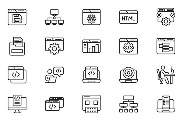 Software development line icon set. Cloud computing, programmer, website, data, bugs, appraisal, feedback, evaluation, goals, metrics, KPI outline icon collection.
