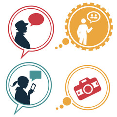 Illustrations of people with speech bubbles and icons inside