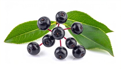 Fresh Aronia berries with green leaves.