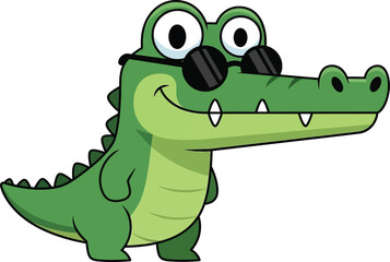 Cute cartoon alligator wearing sunglasses with a friendly smile and big green eyes isolated on a white background