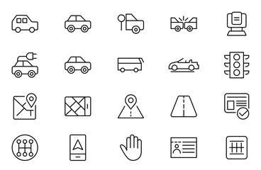 Car and rent line icon set. Automobile business, car rent, repair, transport, travel, car sharing and transport outline icon collection.