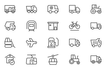 Fototapeta premium Vehicle outline icon set. Shipping And Courier icon. Containing order tracking, delivery home, warehouse, truck, scooter, courier Sea Air, Date, Return Search Parcel and cargo icons.